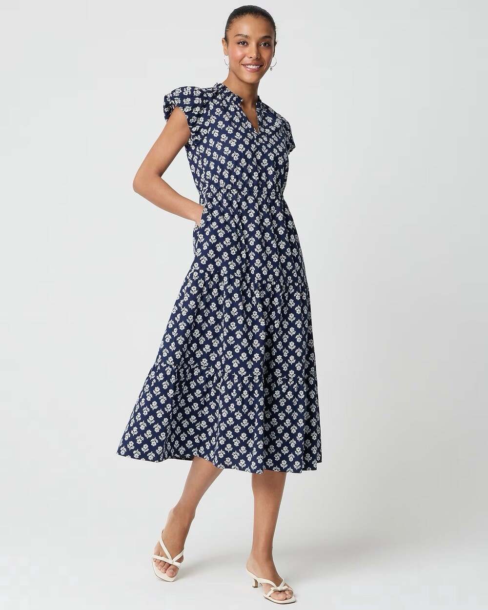 J Crew Size 6 Willa Cotton Tiered Midi Dress w/Pockets Blue White $159 NWOT